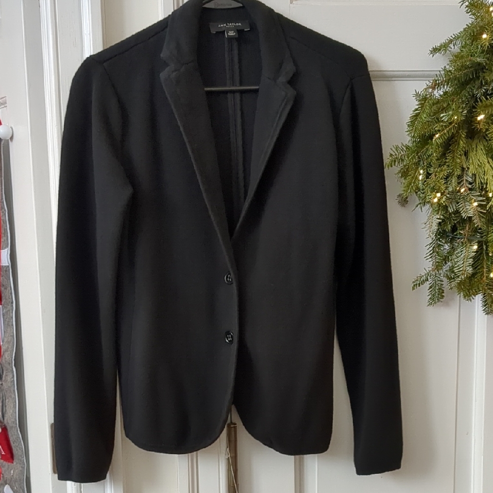 Ann Taylor MP Cozy Wool Cotton Blend Knit Black Blazer Jacket Petite Medium